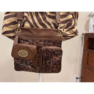 Sharif Women's Sequined Leopard Print Crossbody Handbag With Dust Bag Brown